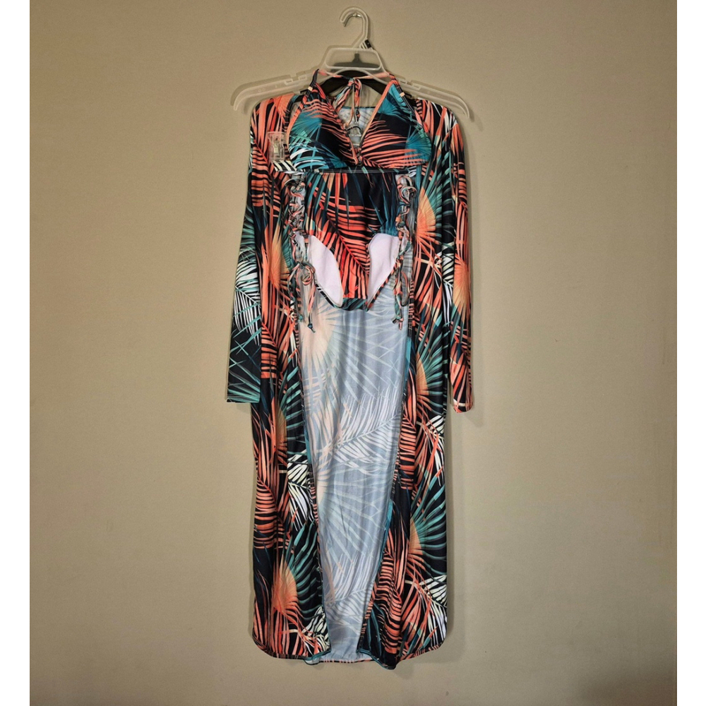 Womens 3Pc Swimwear Size S Bikini 2Pc + Coverup Printed Jungle String Bottom New